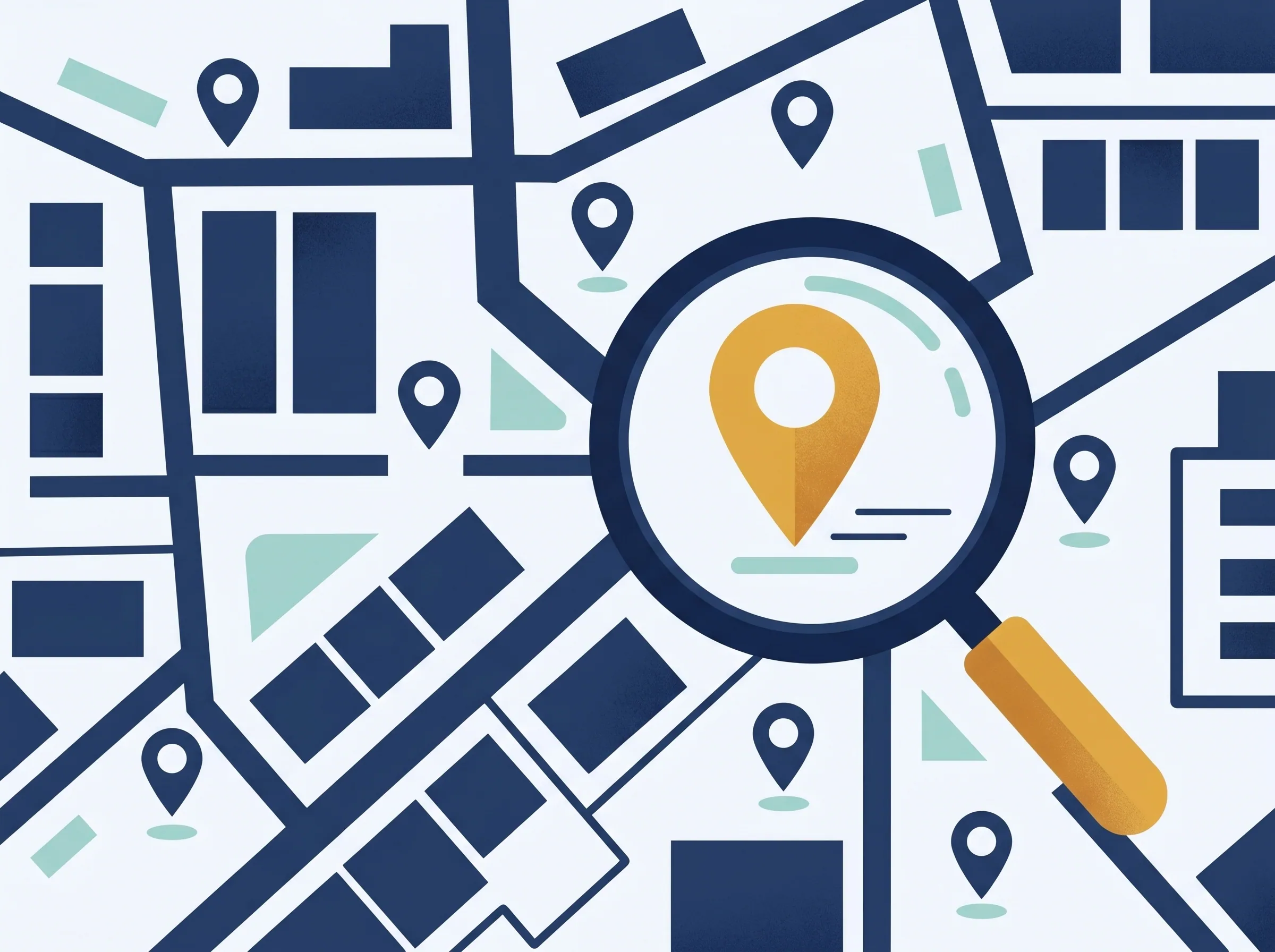 Référencement local à Mons : carte de la ville avec une loupe sur une fiche d'entreprise géolocalisée