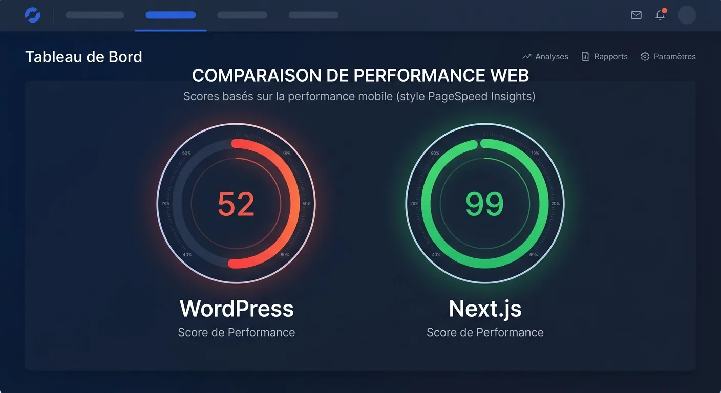Comparaison de scores de performance web façon Google PageSpeed : un site WordPress noté 52 sur 100 en rouge face à un site Next.js noté 99 sur 100 en vert