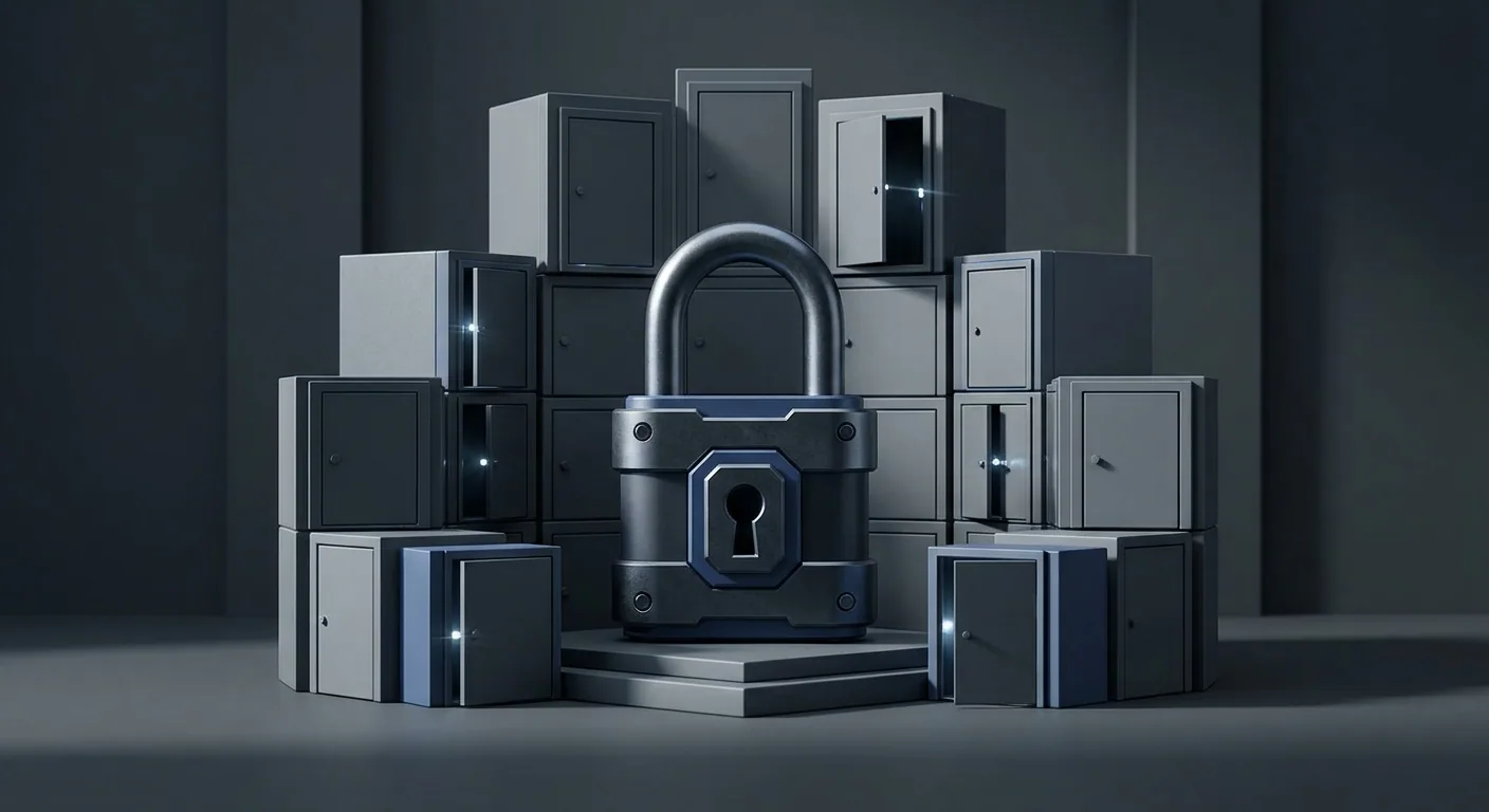 Illustration de la sécurité d'un site web : un cadenas central fermé entouré de petites portes blindées dont plusieurs sont entrouvertes, métaphore des extensions WordPress qui multiplient les portes d'entrée
