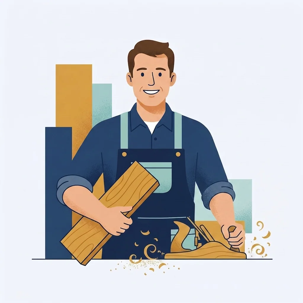 Illustration d'un menuisier wallon dans son atelier avec ses outils et réalisations en bois