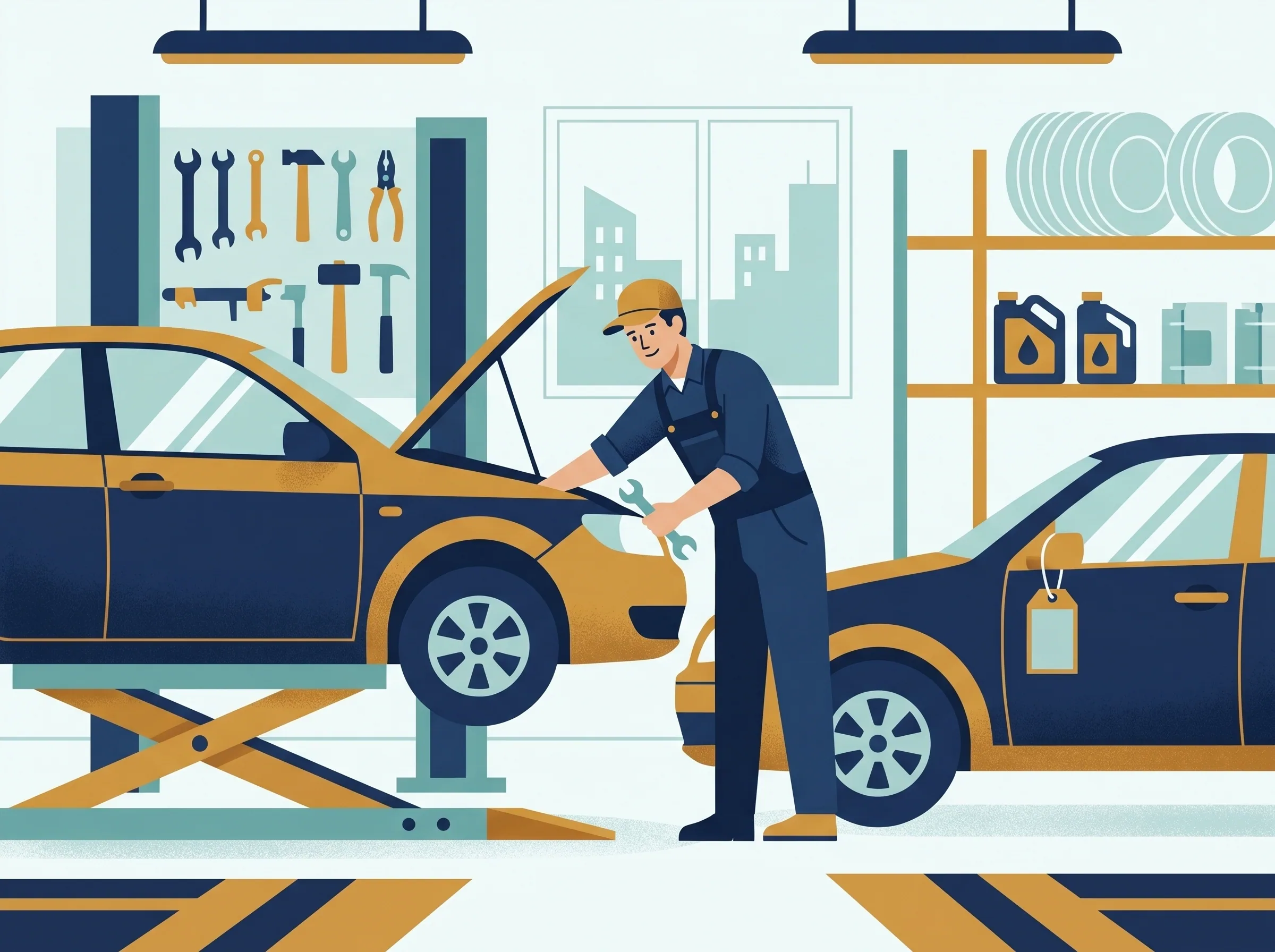 Illustration d'un garage automobile wallon avec véhicule en réparation