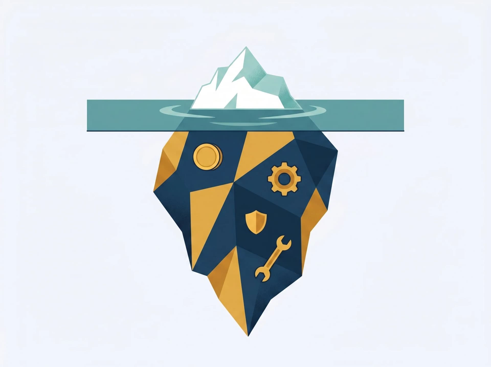 Schéma iceberg illustrant les coûts cachés d'un site web : hébergement, maintenance, plugins et sécurité immergés sous la partie visible du prix de départ