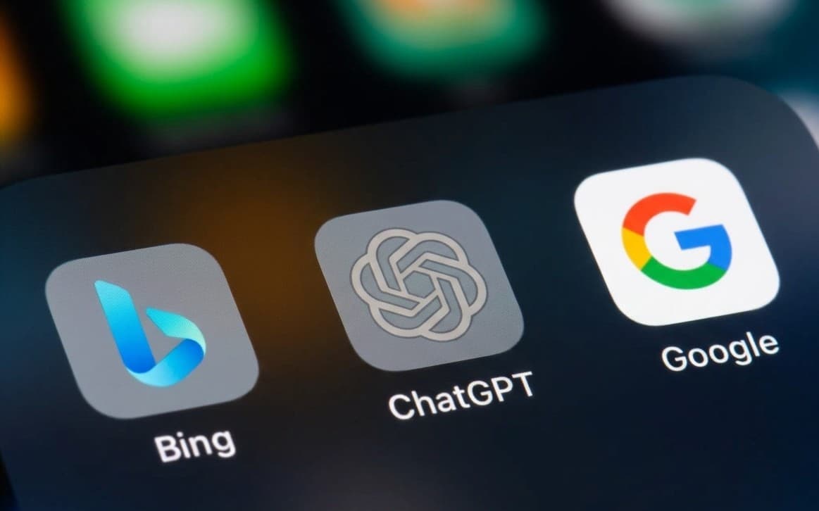 Applications Bing, ChatGPT et Google sur un smartphone — la recherche à l’ère de l’IA