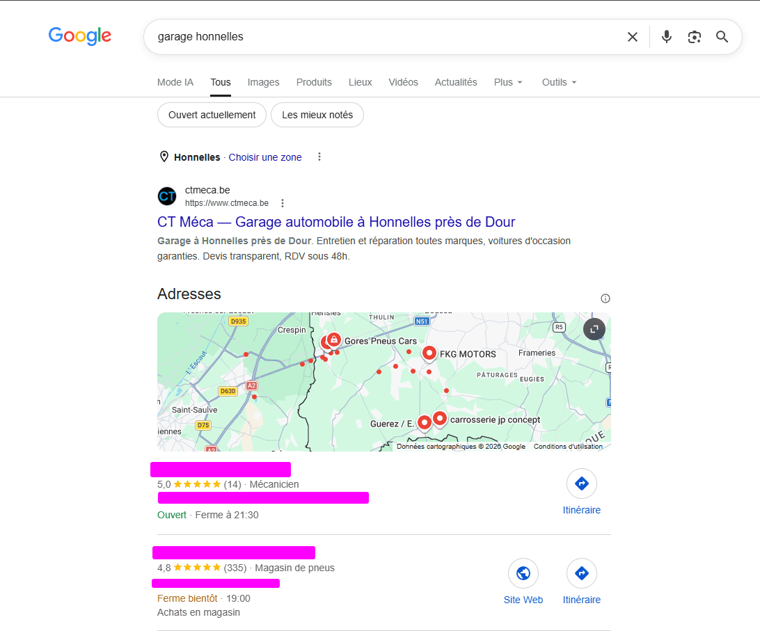 Résultats Google pour « garage Honnelles » : le site CTMeca apparaît en premier résultat naturel, au-dessus du bloc de la carte