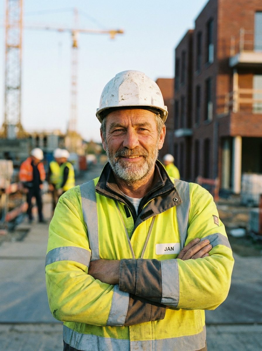 Marc Delcourt, chef de chantier, sur un chantier de construction en brique