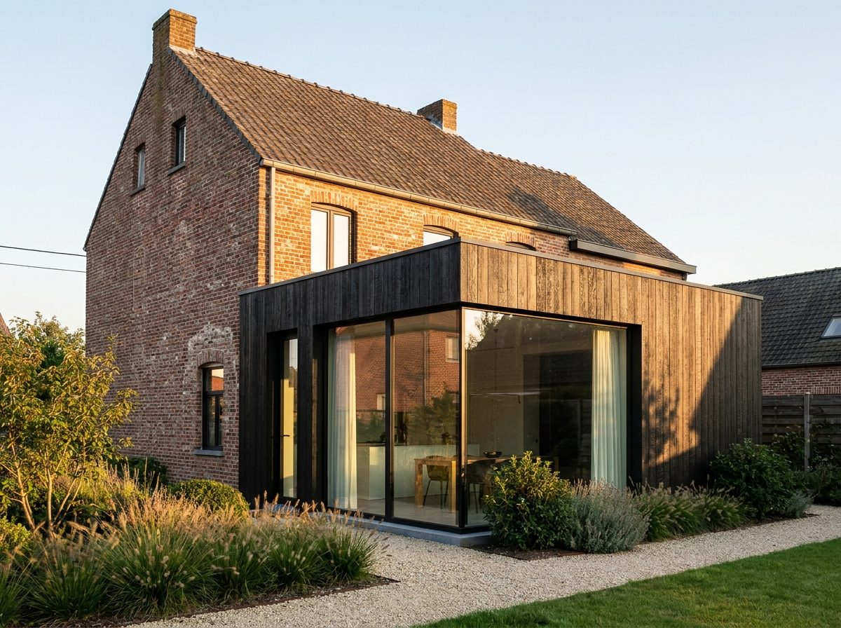 Extension contemporaine sombre sur maison en brique