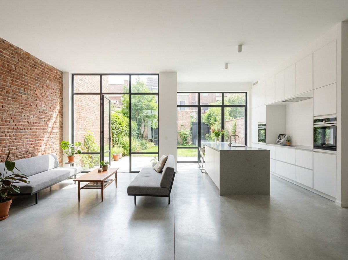 Intérieur de maison de maître rénové, brique apparente et baies acier