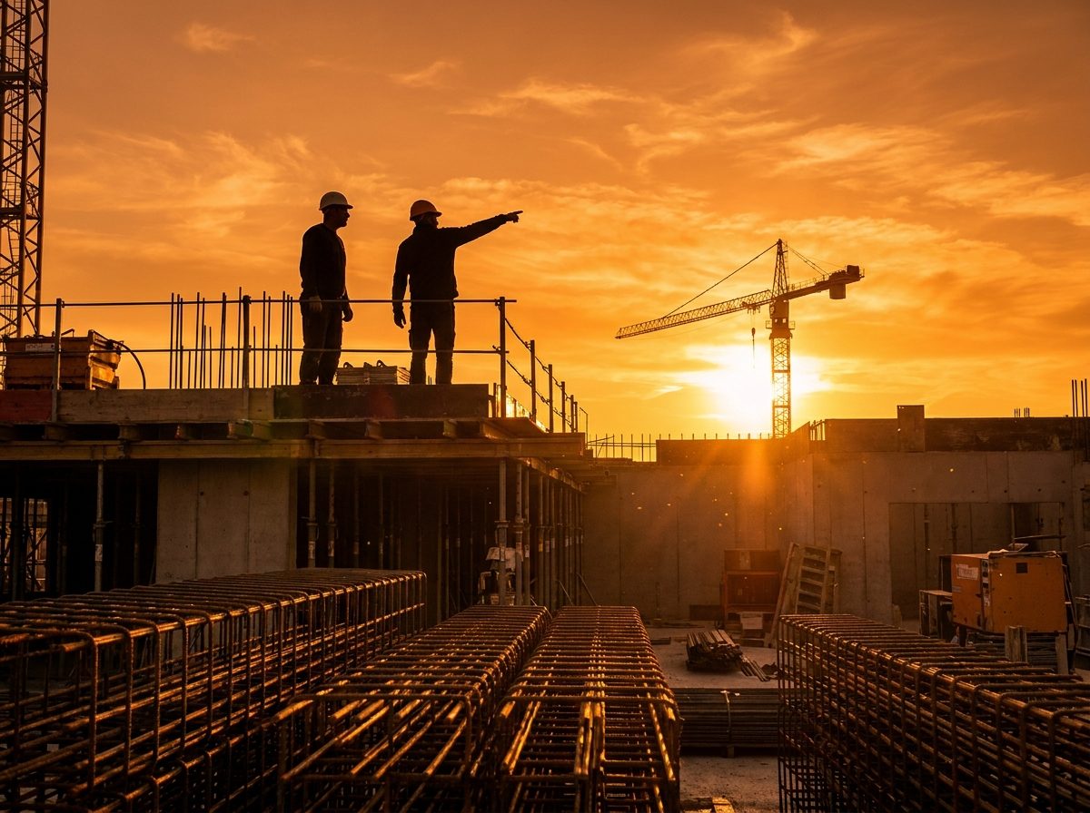 Ouvriers au coucher du soleil devant une grue de chantier