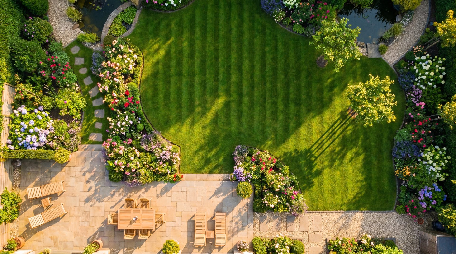 Vue aérienne d'un jardin aménagé avec pelouse striée et terrasse