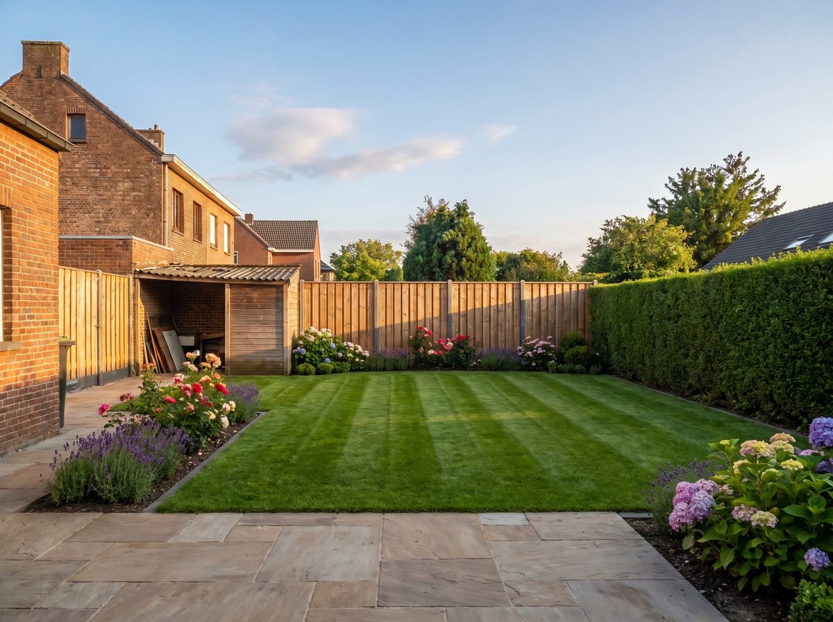 Le même jardin après aménagement : pelouse striée, haie taillée et clôture neuve