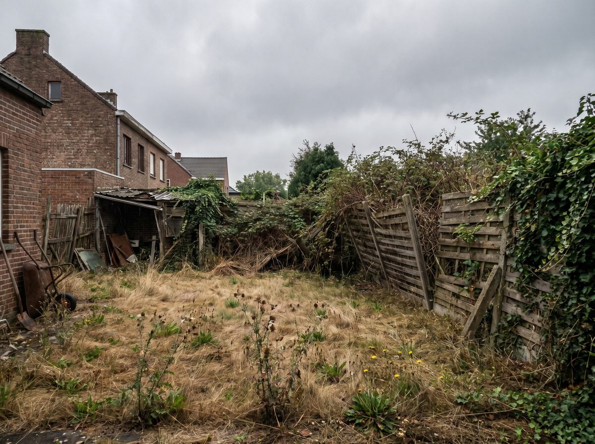Jardin négligé avant intervention : pelouse sèche et clôture cassée