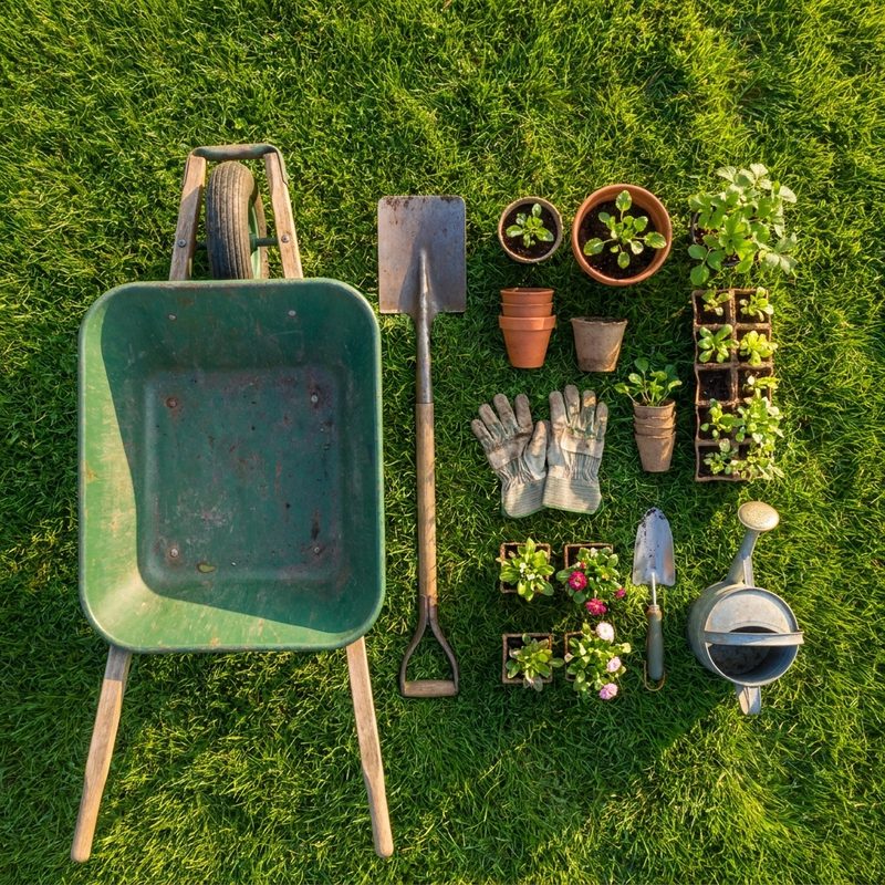 Outils et plantes prêts pour la création d'un jardin